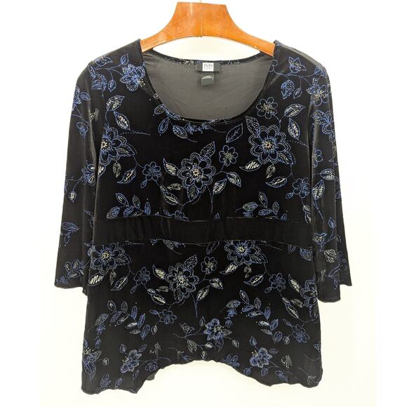 Studio 1940 Plus Velvet Floral Top 18/20W Black Blue Scoop Neck Blouse Babydoll - Picture 1 of 4
